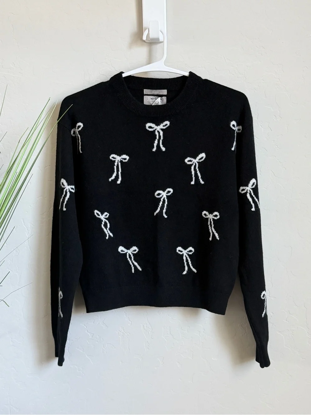 J.Crew Collection 100% Cashmere Bow Sweater Black White Ribbon Print